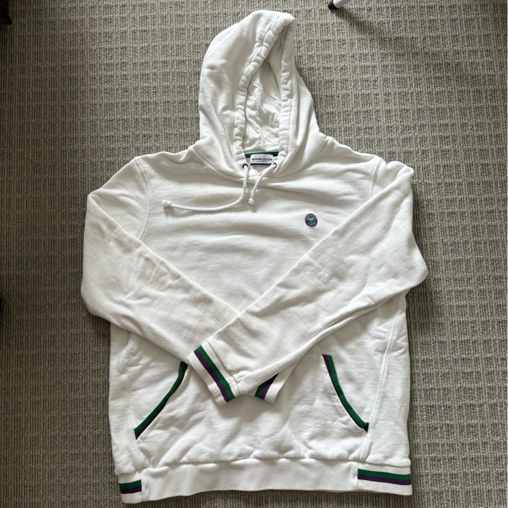 Men's White Hooded Sweatshirt with Green & Purple Trim